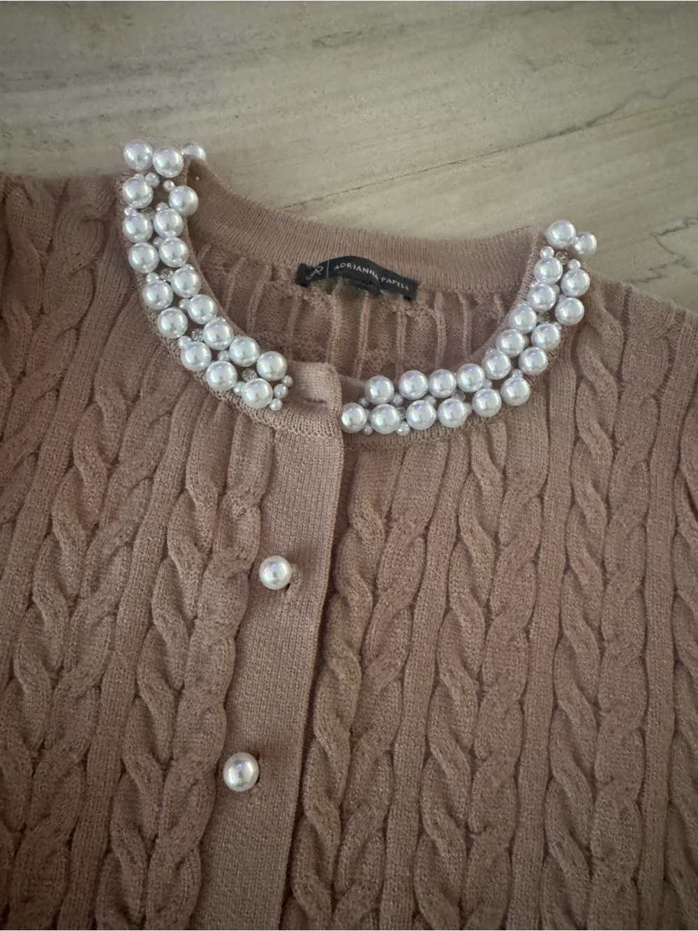 Adrianna Papell Taupe Cable-Knit Pearl-Button Cardigan - Picture 3 of 3